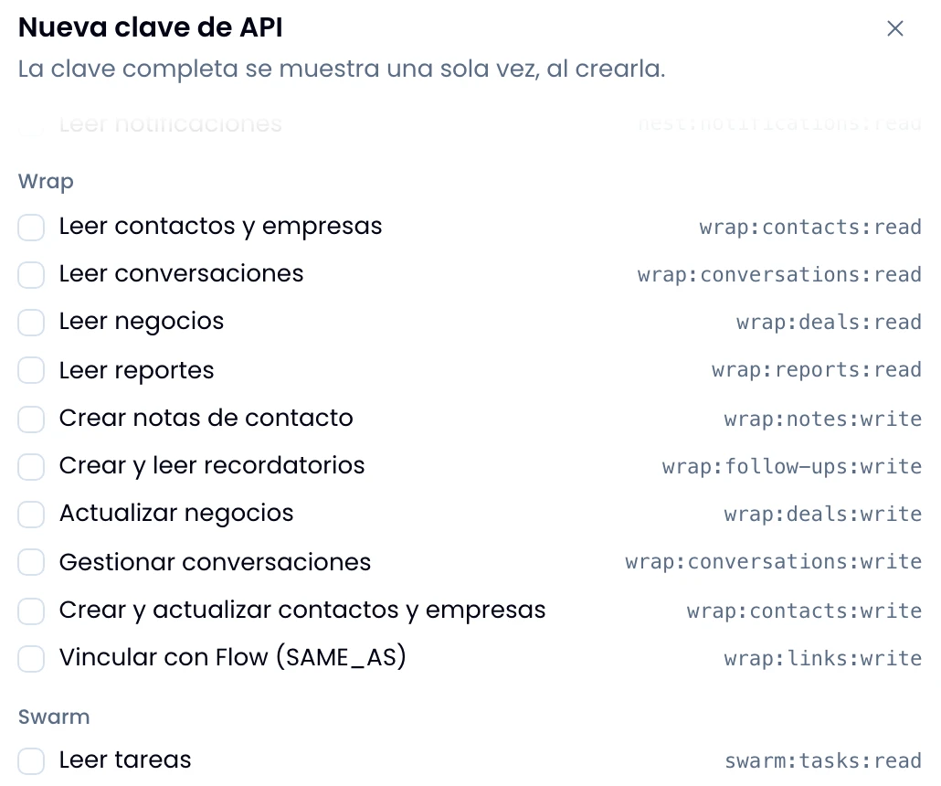 The permission checkboxes in the create dialog, grouped by app, with none of them ticked.