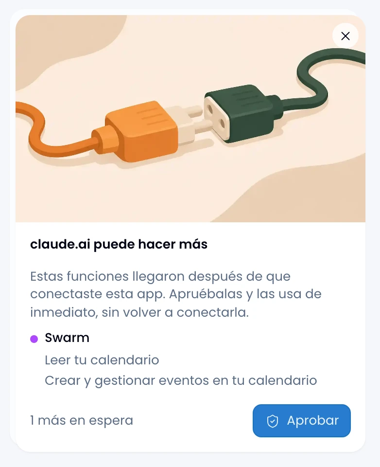 La tarjeta de claude.ai en la esquina, con las dos capacidades de calendario de Swarm que ganaría, el botón Aprobar y otra conexión en espera detrás.