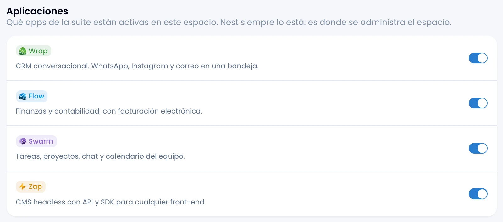 The Apps card: one row per suite app, each with its mark, what it does and its switch.