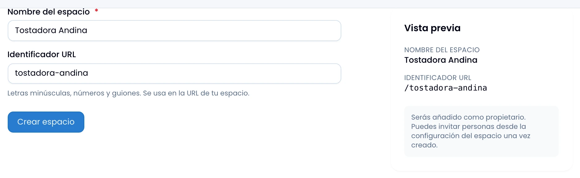 The form for creating a workspace, with the name typed in and the identifier already built in the preview.