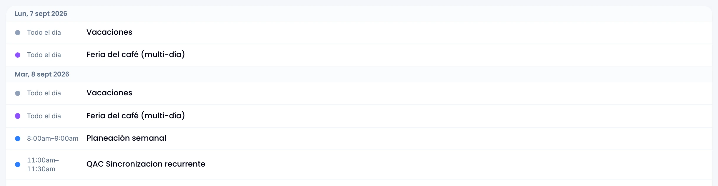 The calendar in agenda view, with events grouped by day