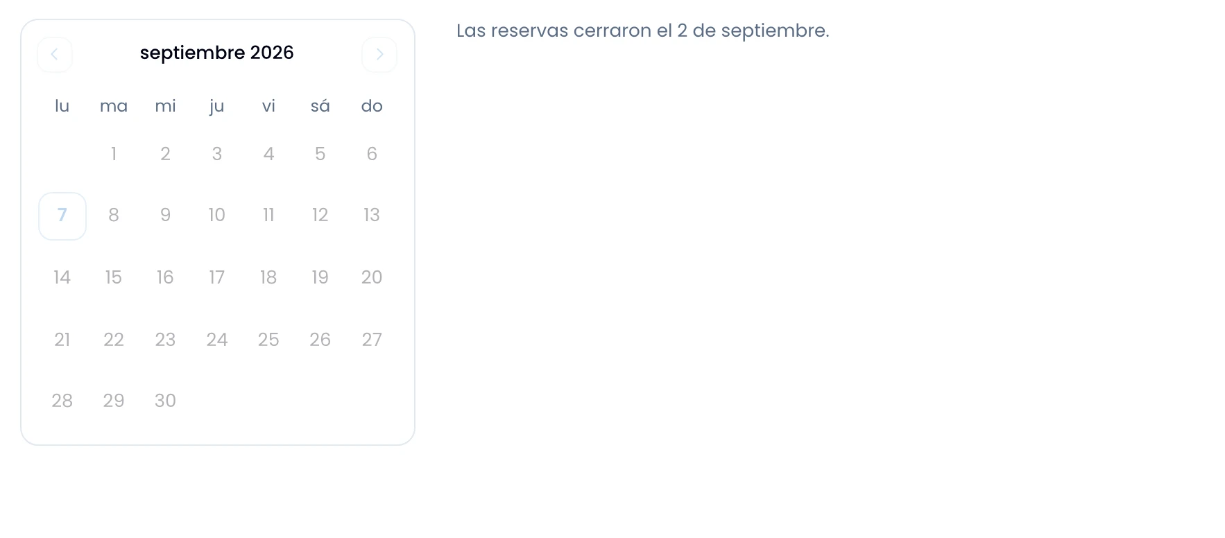 The public page of a closed schedule, with the month greyed out and the notice naming the day bookings closed