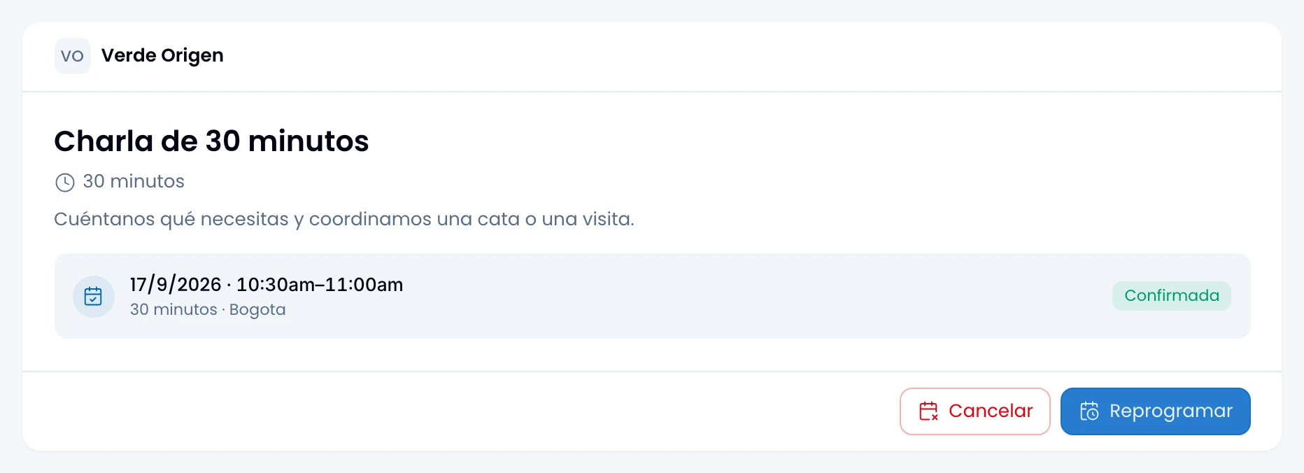 A booking's manage page, with the Cancel and Reschedule actions