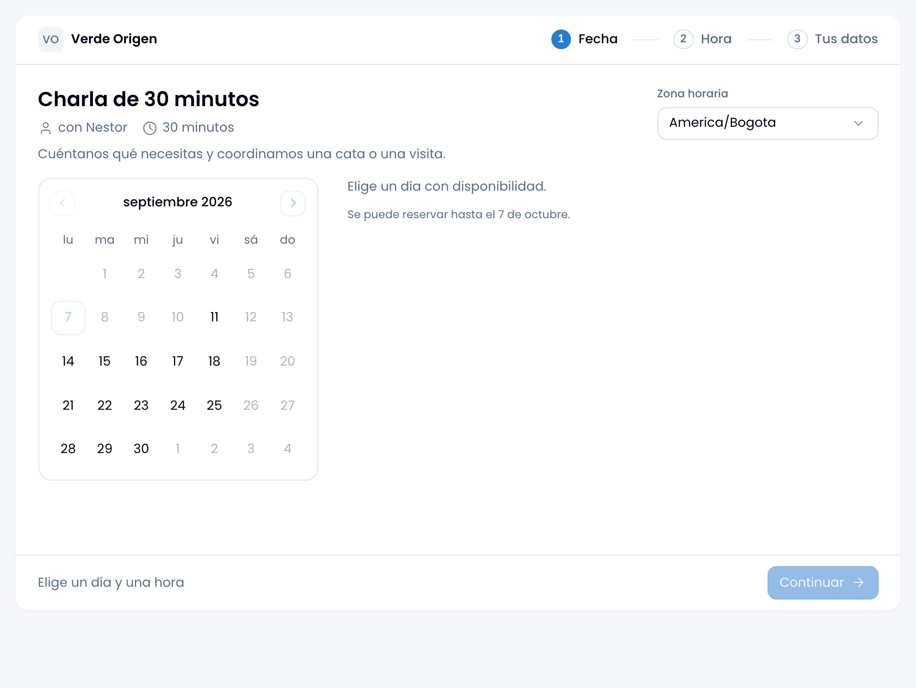 A schedule's public booking page, with the day and time picker