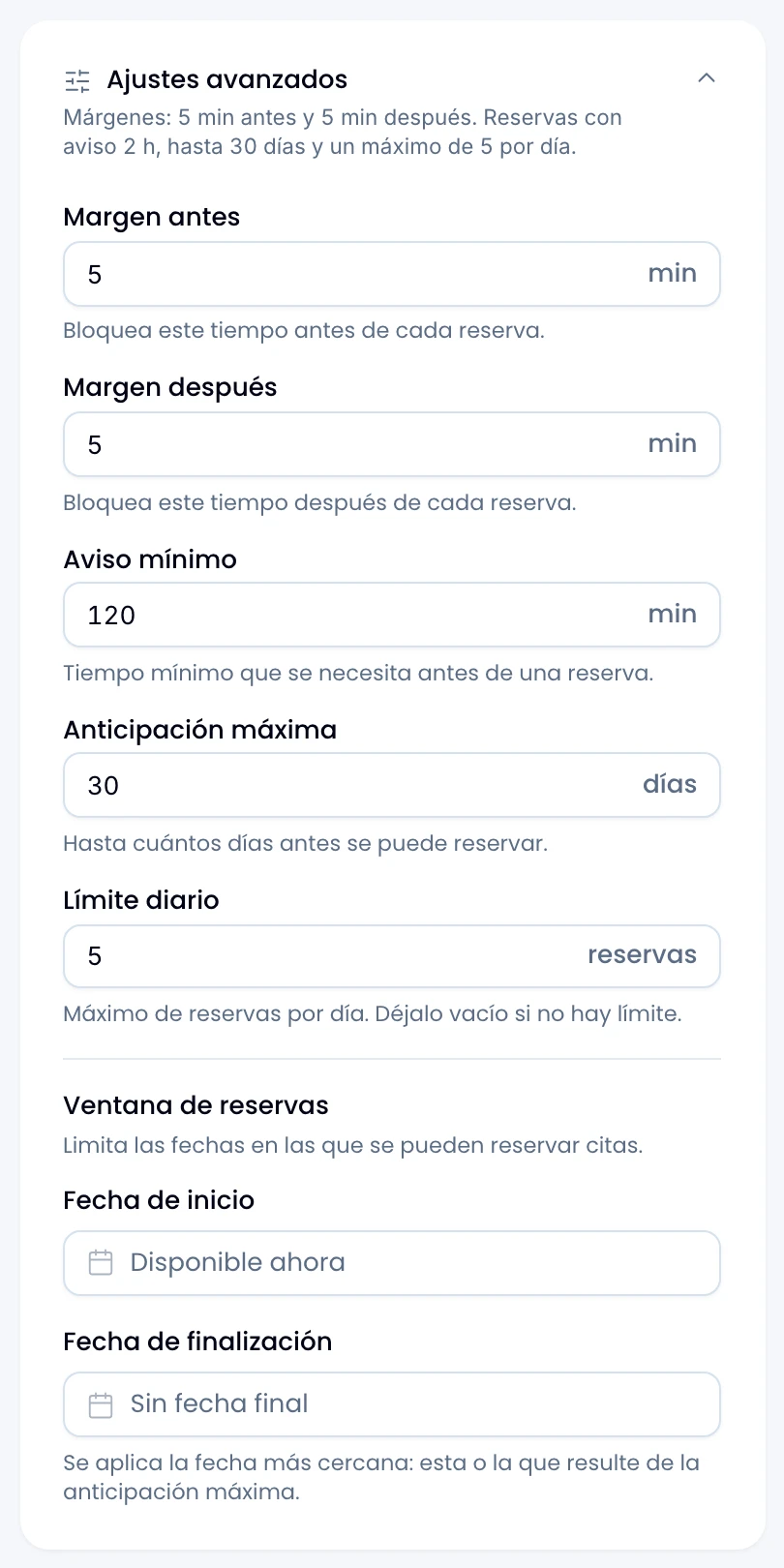 Advanced settings expanded, with the scheduling window and its note about the nearer date