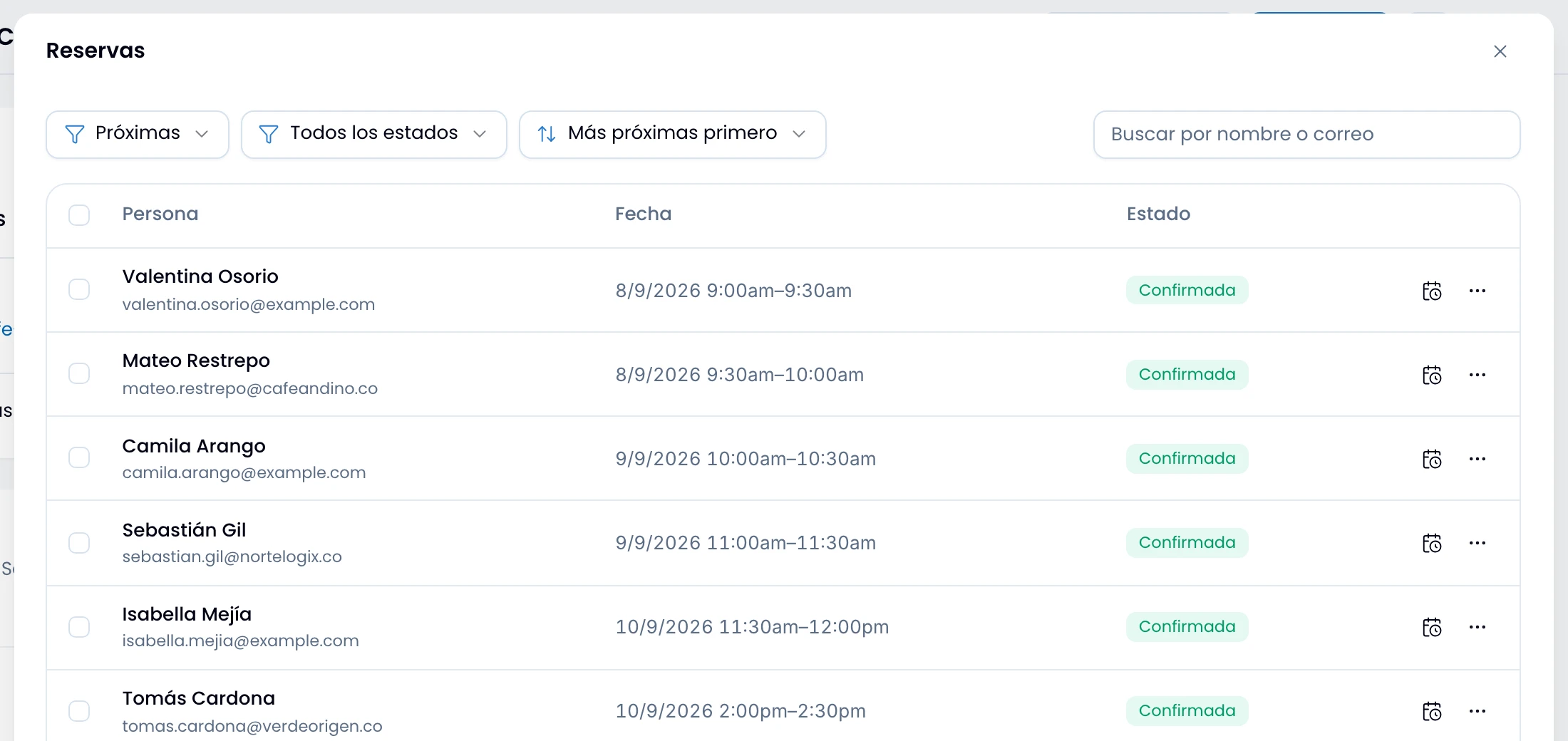 The Bookings drawer, open on Upcoming, with its search and filters above the table
