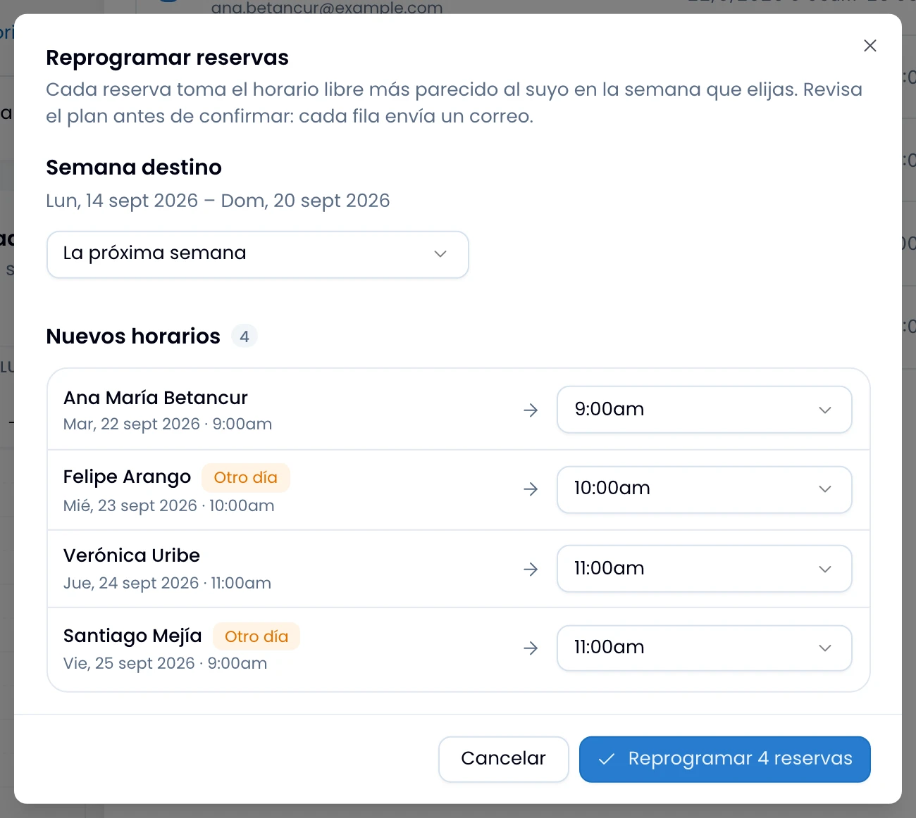 The Reschedule bookings dialog, with the target week on top and the plan row by row below