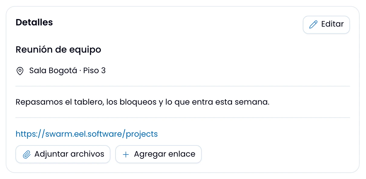 La tarjeta Detalles en modo lectura, con Editar en su esquina