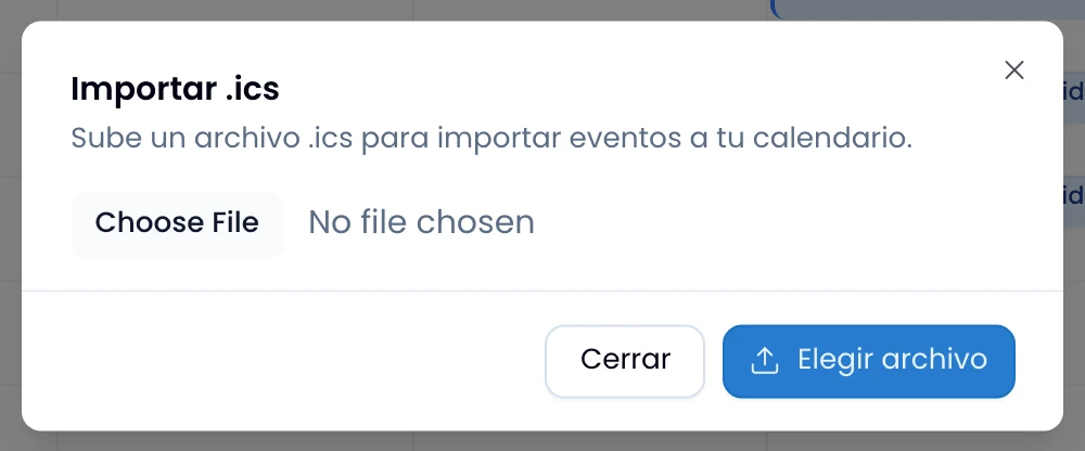 El diálogo de importar .ics en su estado inicial, antes de elegir un archivo