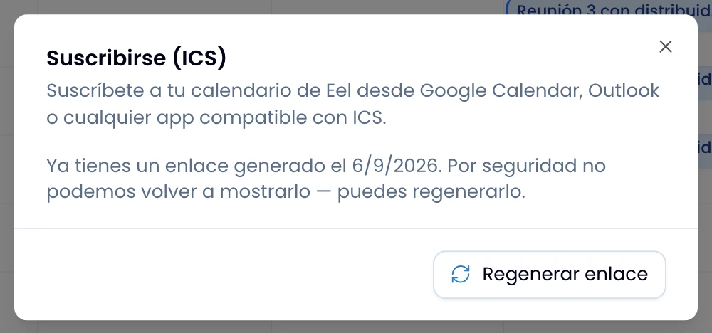 El diálogo Suscribirse (ICS) cuando ya hay un enlace, con la fecha en que se generó y Regenerar enlace