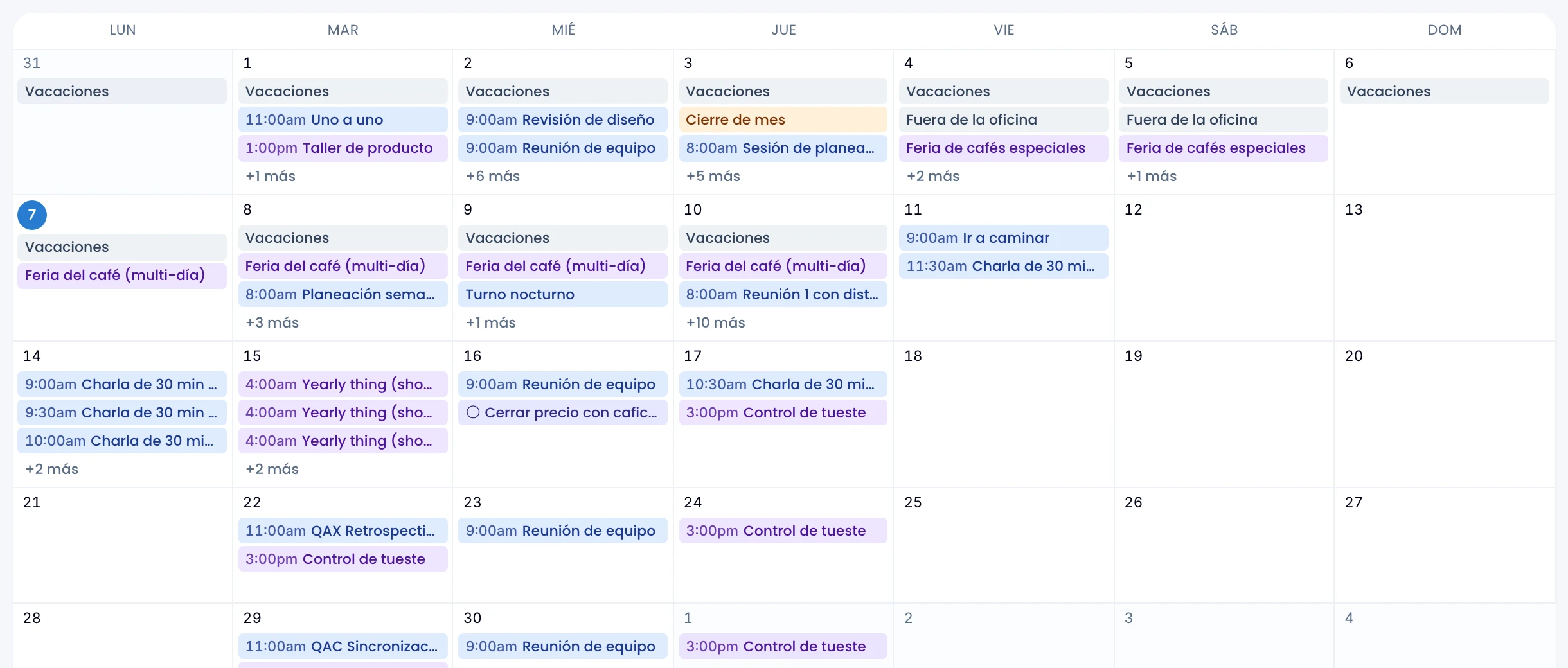 The calendar in month view, with several weeks of the grid and their events