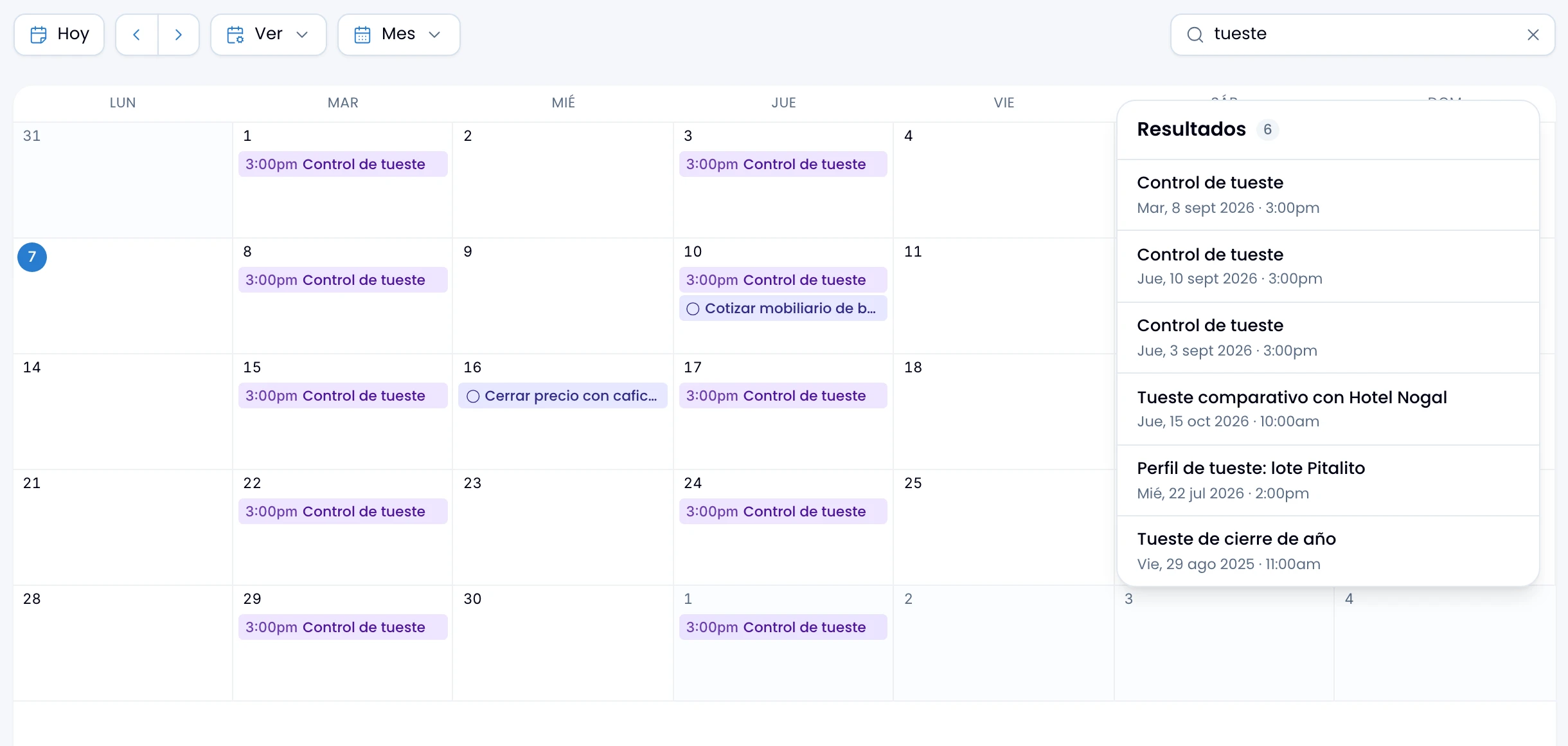 The Results panel over the grid, with each event and its full date