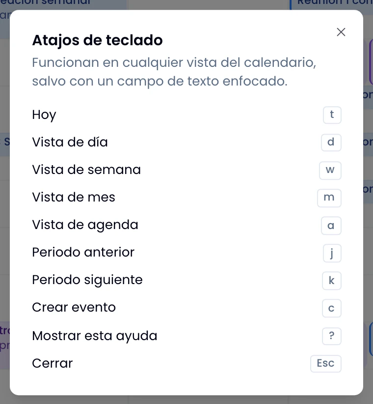 The keyboard shortcuts help sheet, with each key in its own box