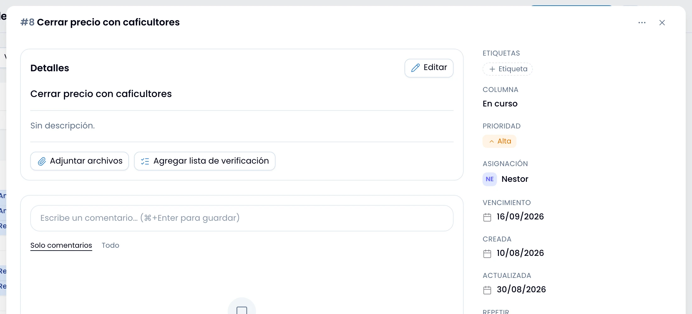 El cajón de una tarea abierto desde su chip en el calendario
