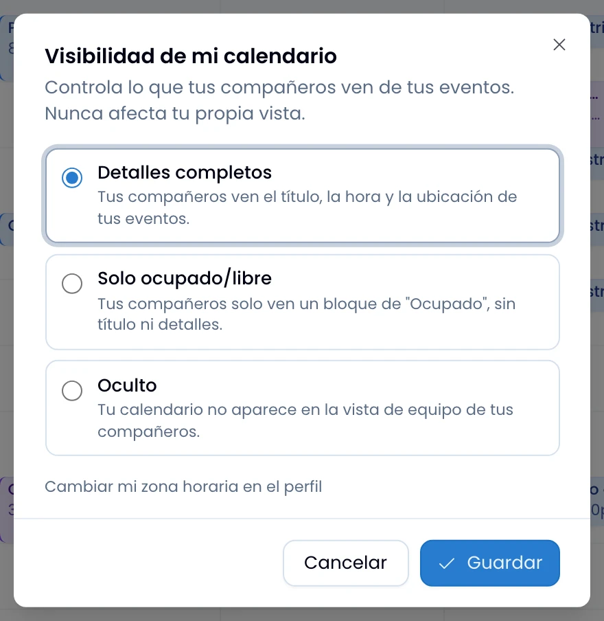 The my-calendar-visibility dialog, with its three option cards