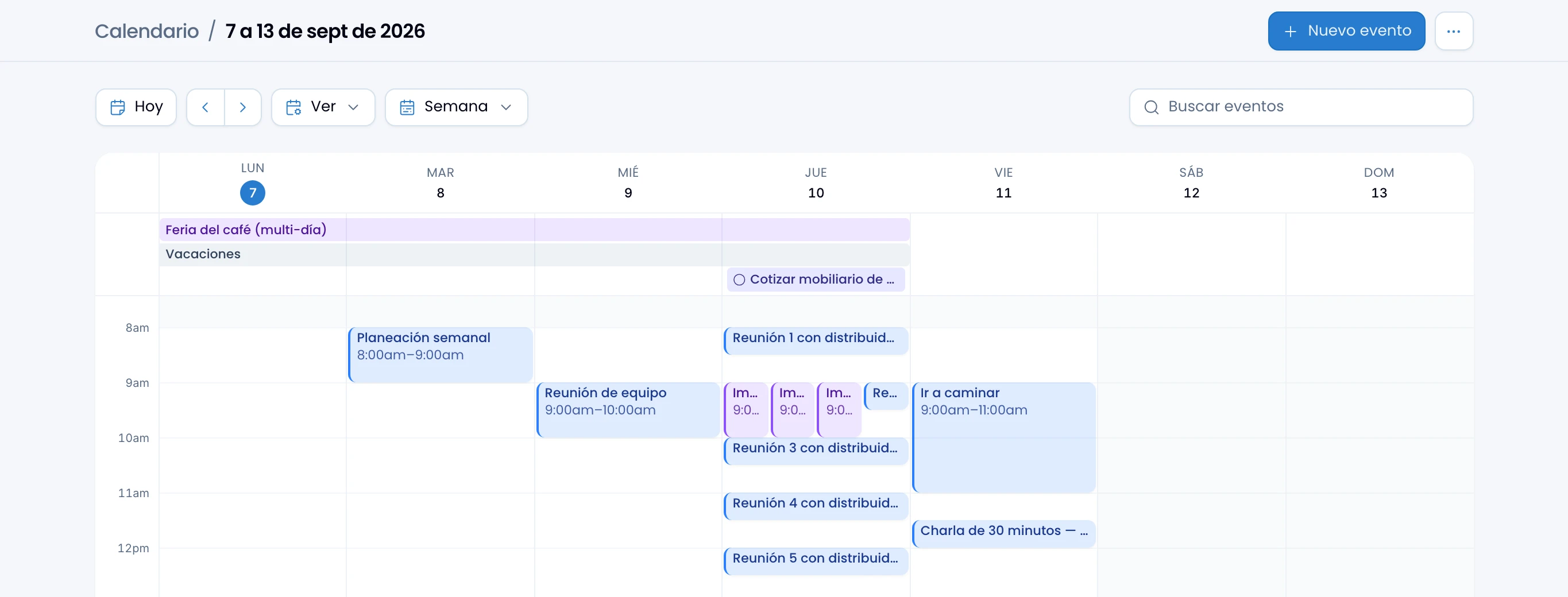 The calendar in week view, with its header, toolbar and the day's events