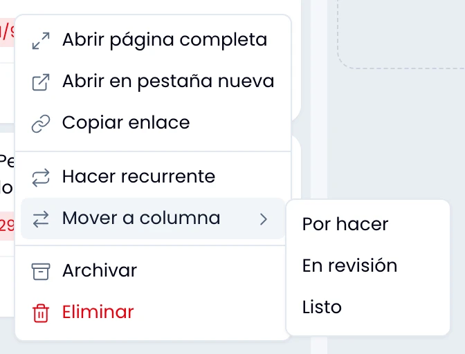 El menú de ⋯ de una tarjeta, con Mover a columna abierto sobre la lista de las demás columnas del proyecto