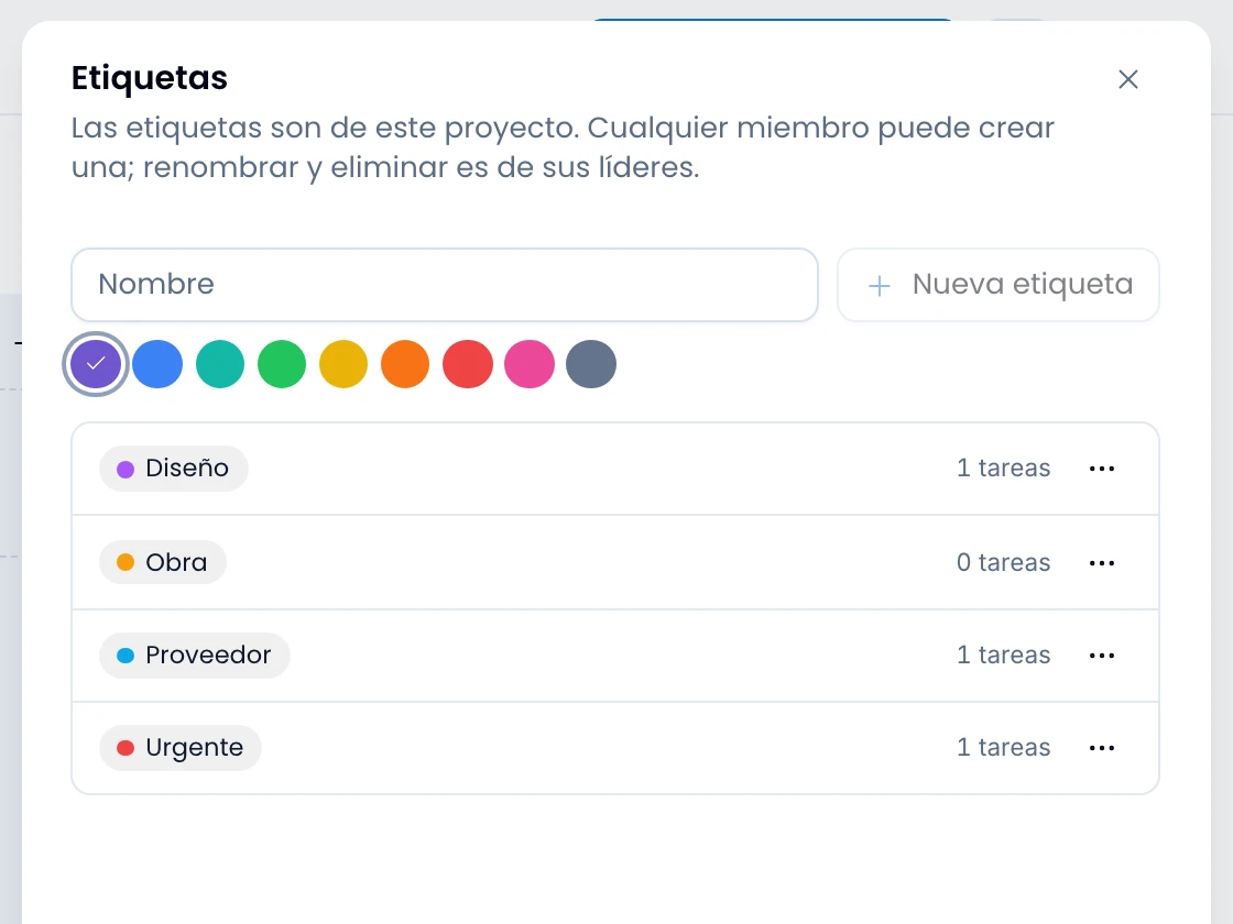 El cajón de etiquetas de un proyecto: nombre, color, cuántas tareas la usan y las acciones de cada fila