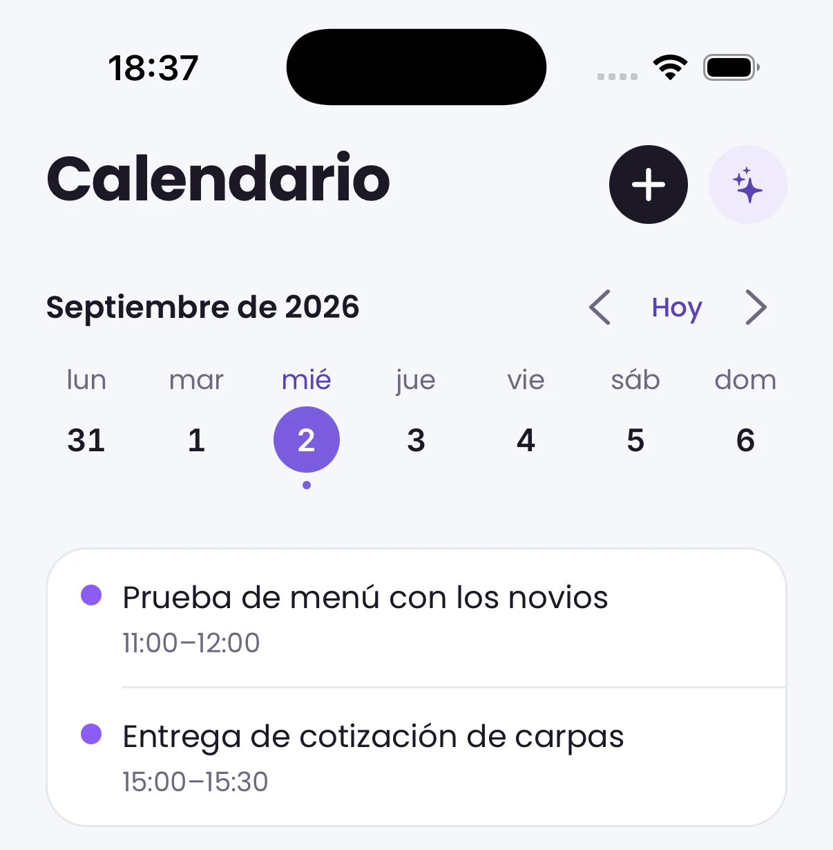 La pestaña Calendario: la tira de la semana con el día de hoy marcado, y la agenda debajo