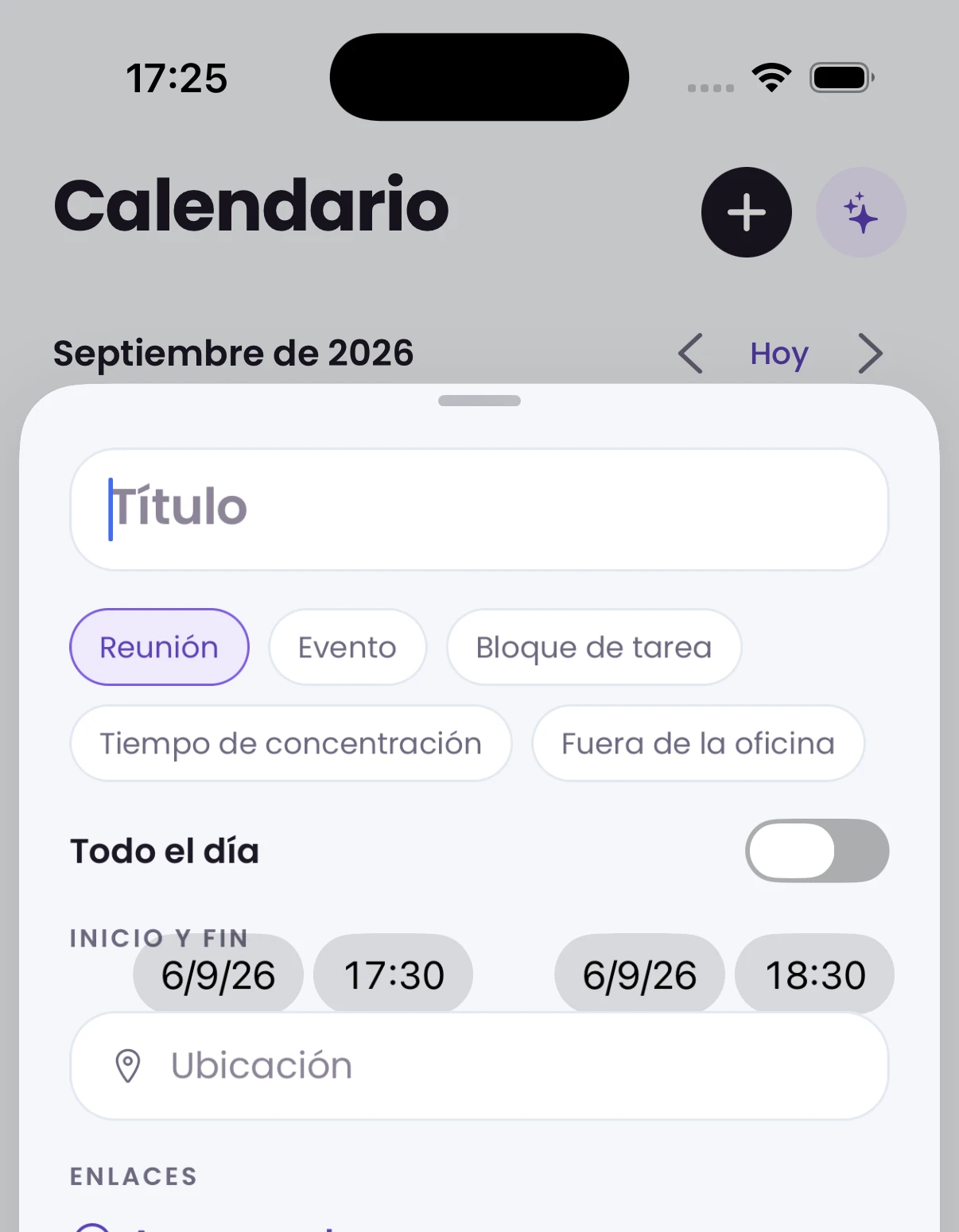 El formulario de crear evento: título, tipo, «Todo el día», inicio y fin, y ubicación