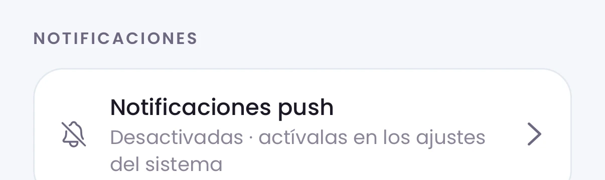 La fila de notificaciones push en Perfil, con su estado y el enlace a los ajustes del sistema