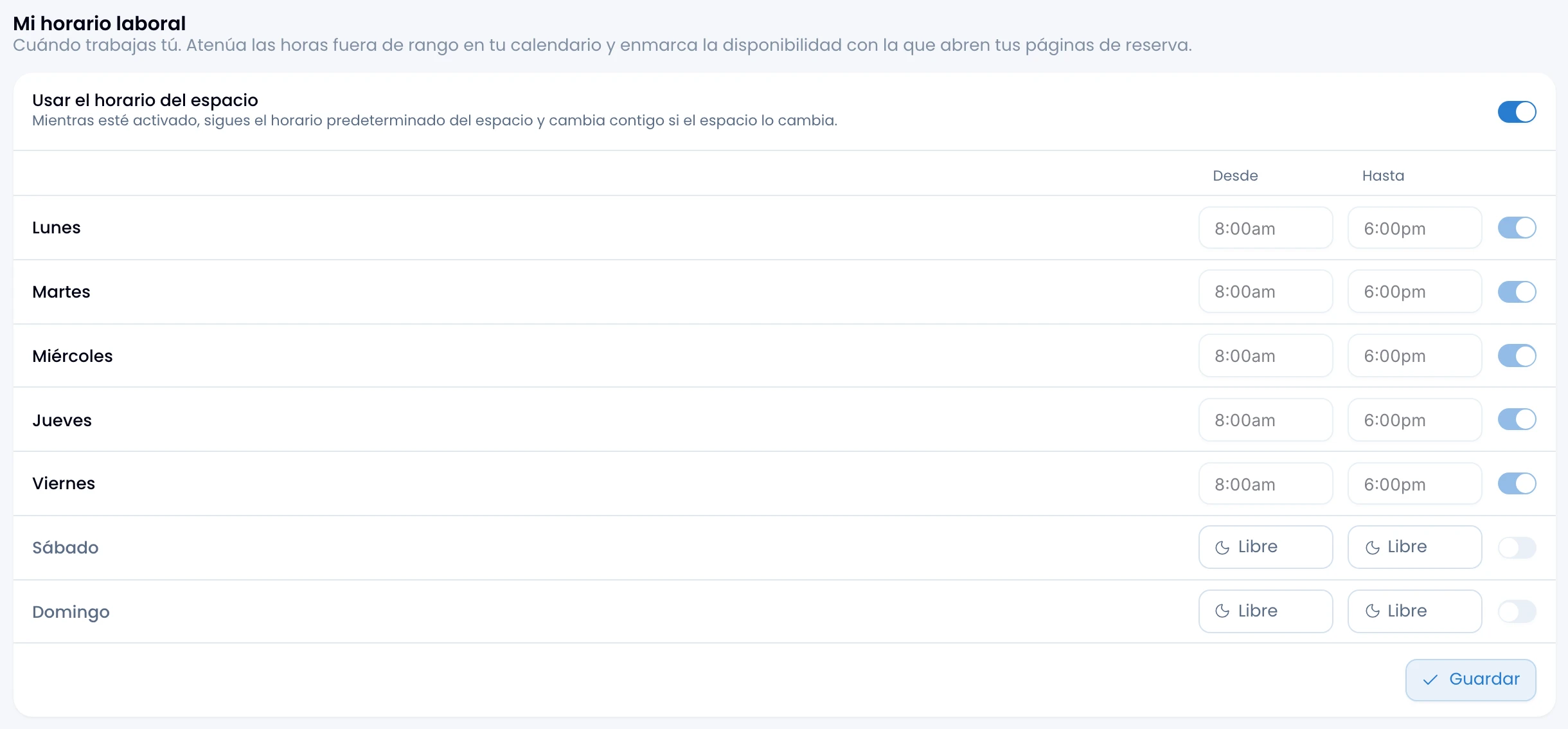 La tarjeta Mi horario laboral con el interruptor del espacio encendido, así que la semana se ve pero no se edita
