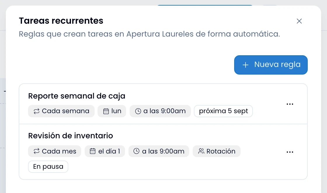 A project's recurring-rules drawer, with its frequency, time and next-run badges