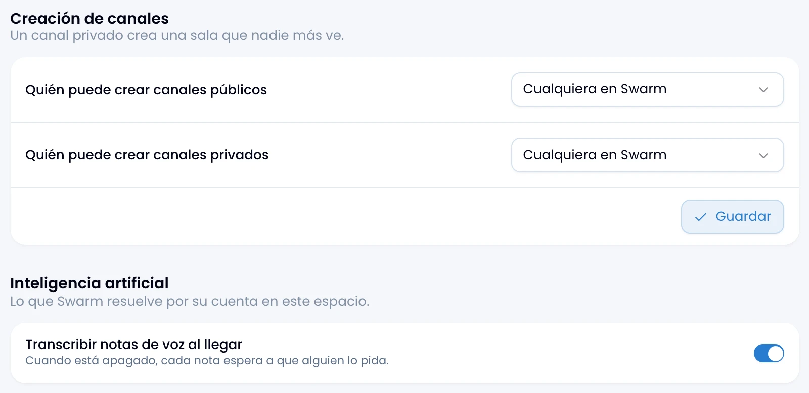 The Workspace page: who may create public and who may create private channels, with the artificial intelligence block below