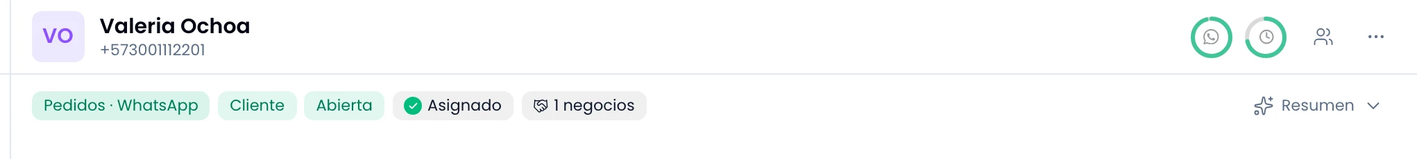A conversation header: the contact, the channel and the thread's actions