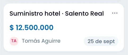 Una tarjeta de negocio del tablero: título, valor, contacto y fecha.