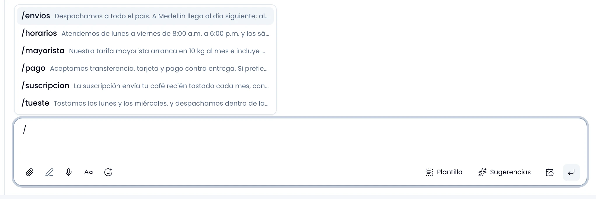 La lista de atajos abierta sobre el redactor al pulsar la barra