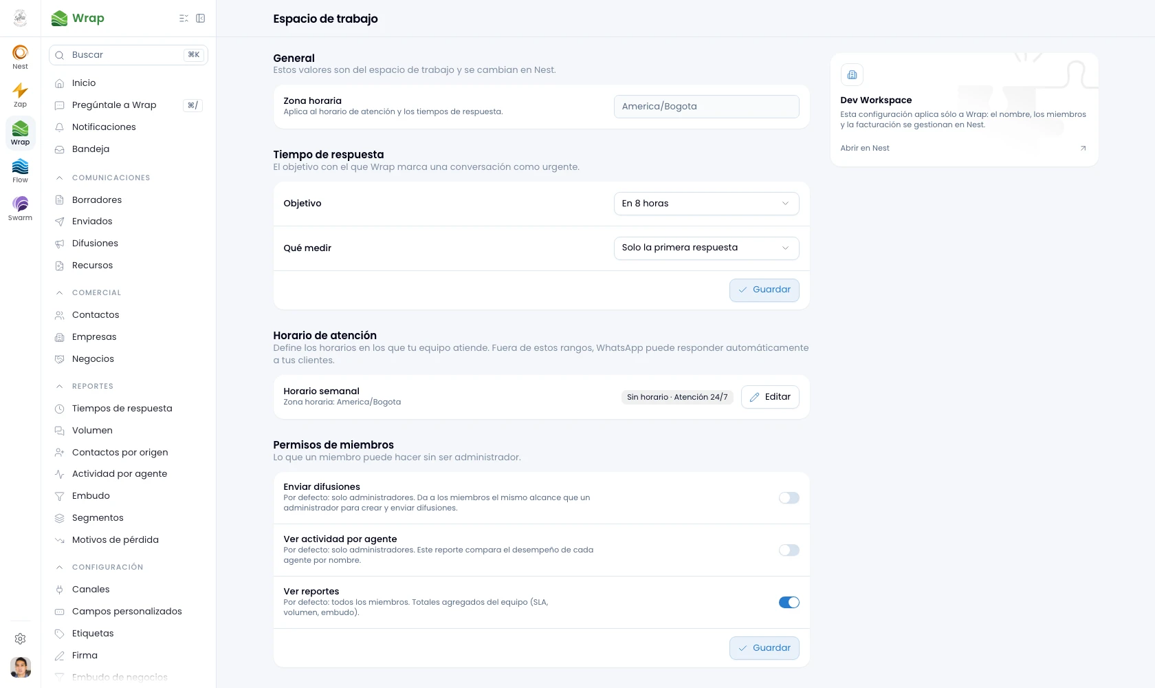 Wrap's workspace settings screen, with its cards
